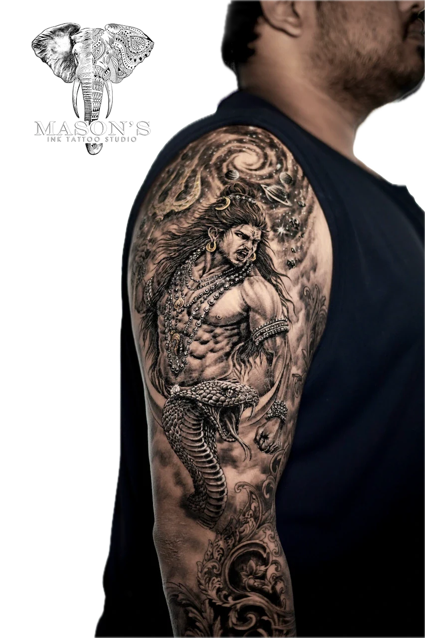 Realism Indian Angel Tattoo Design: a detailed black and grey sleeve tattoo of a mythological figure