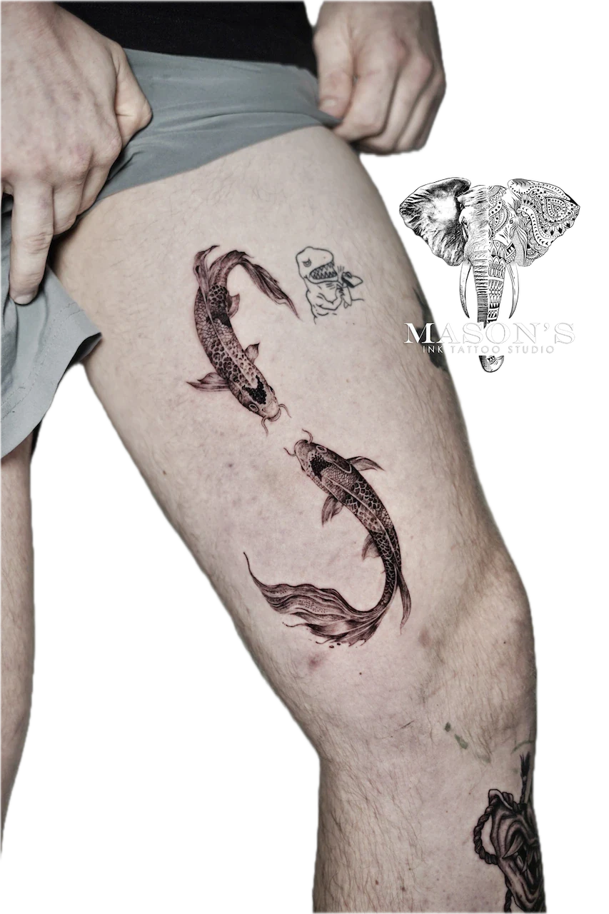 Realism Koi Fish Tattoo by Mason’s Ink - Realism tattoo by Mason's Ink Tattoo Studio, Bali