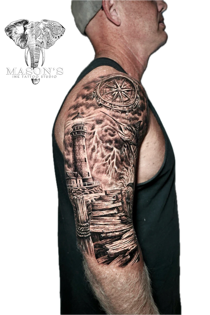 Realism Lighthouse Tattoo Design - Realism tattoo by Mason's Ink Tattoo Studio, Bali