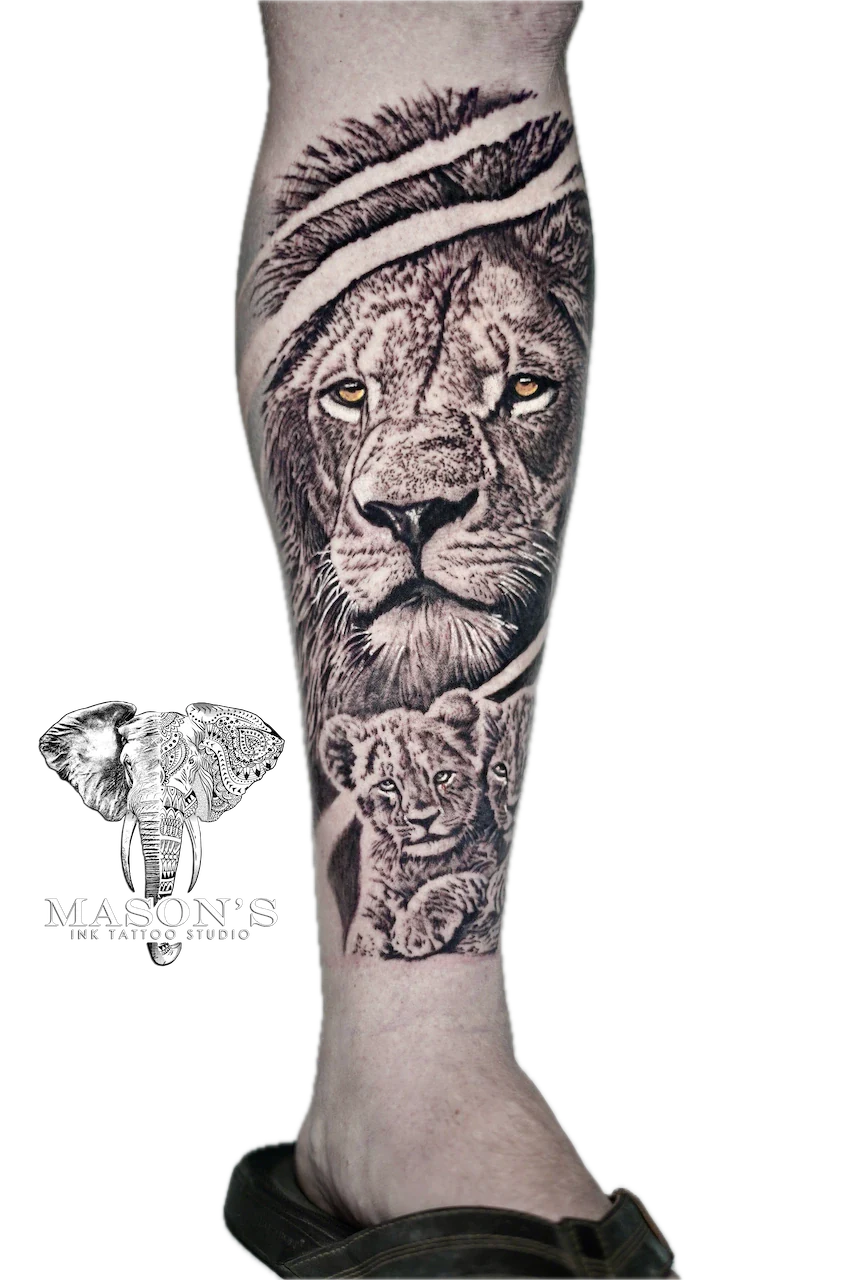 Realism Lion Tattoo Design: a large lion head and cub tattoo on a calf