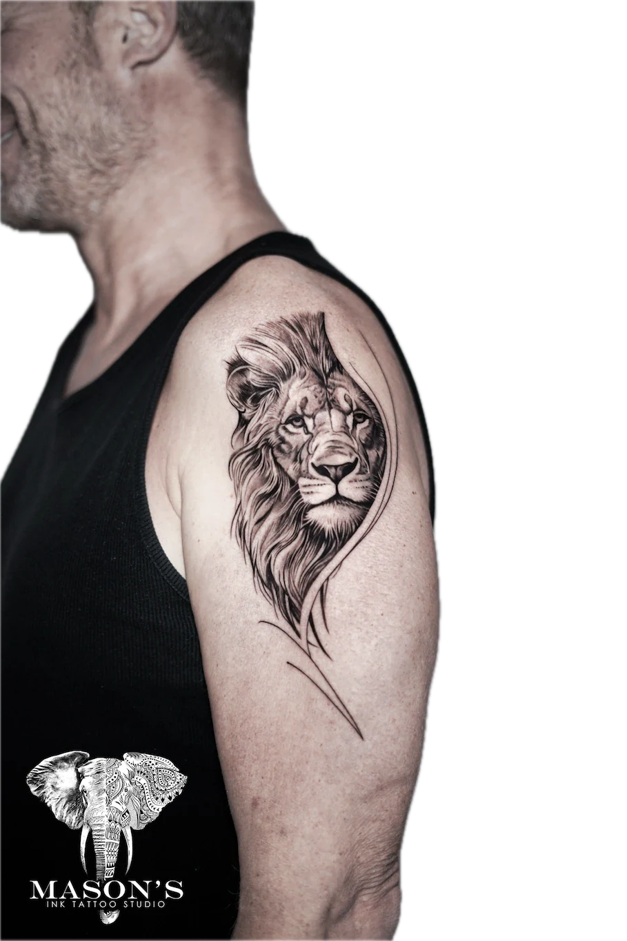 Realism Lion Tattoo Design: a detailed lion head tattoo with flowing mane and tail