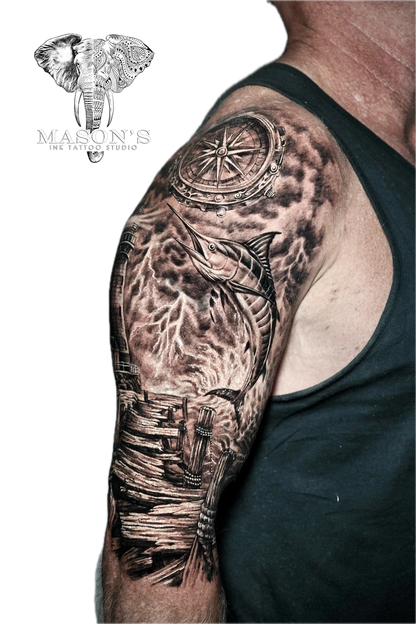 Realism Marlin Fish Tattoo Design - Realism tattoo by Mason's Ink Tattoo Studio, Bali