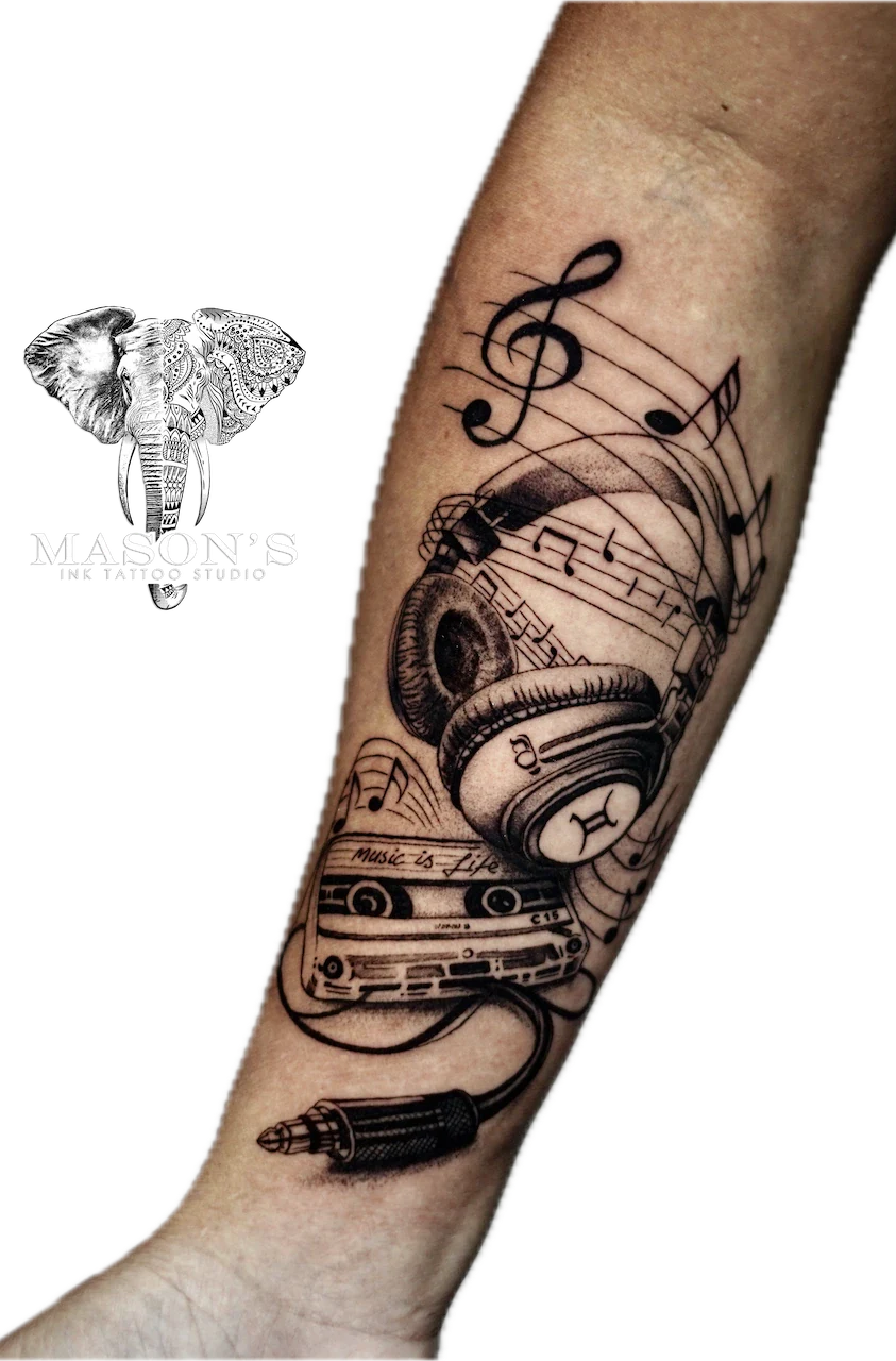 Realism Music Tattoo Design by Mason's Ink Tattoo Studio, Bali