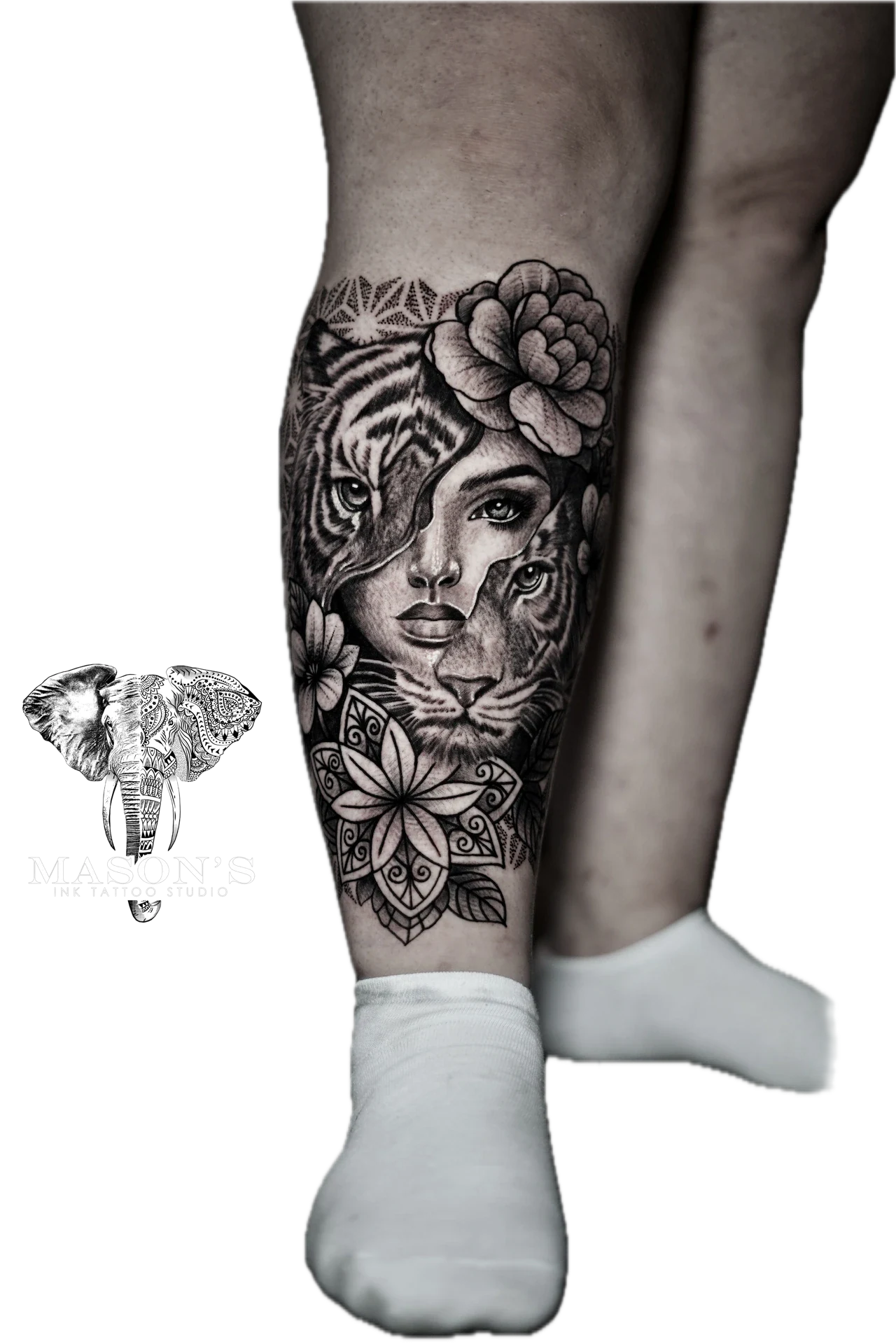 Realism Portrait Woman in Tiger Face with flowers Tattoo by Mason's Ink Tattoo Studio, Bali