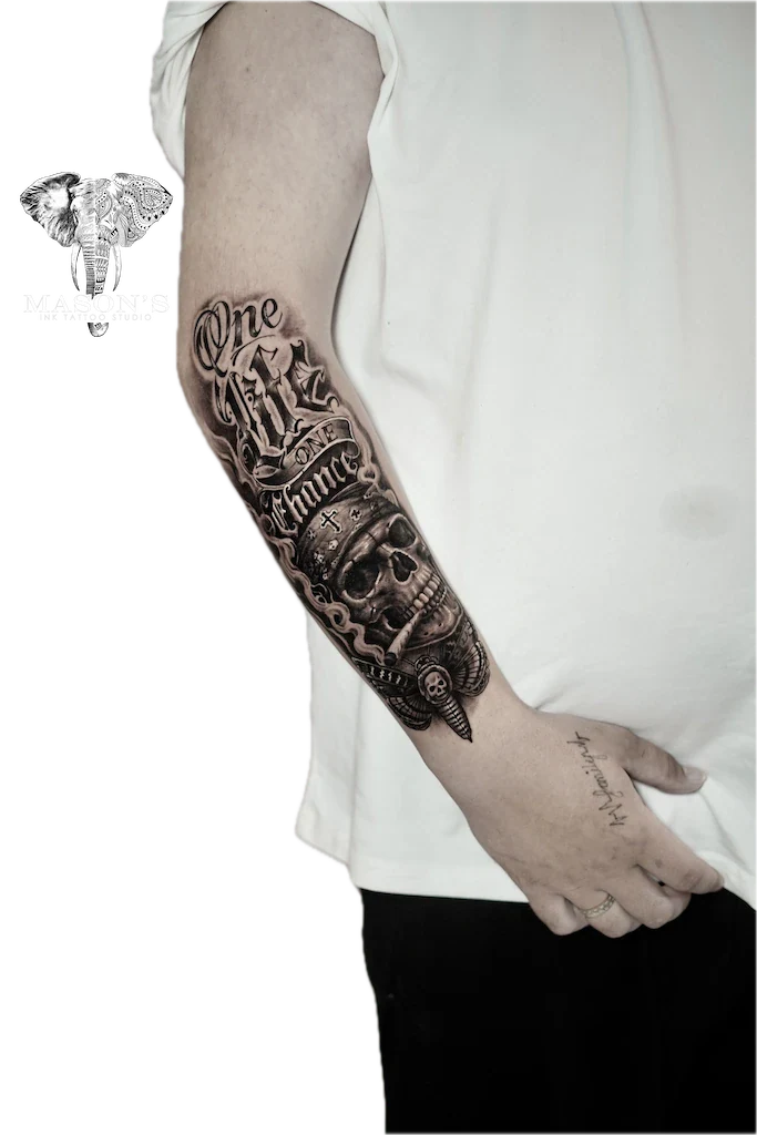Realism Skull and Script Tattoo Design - Realism tattoo by Mason's Ink Tattoo Studio, Bali