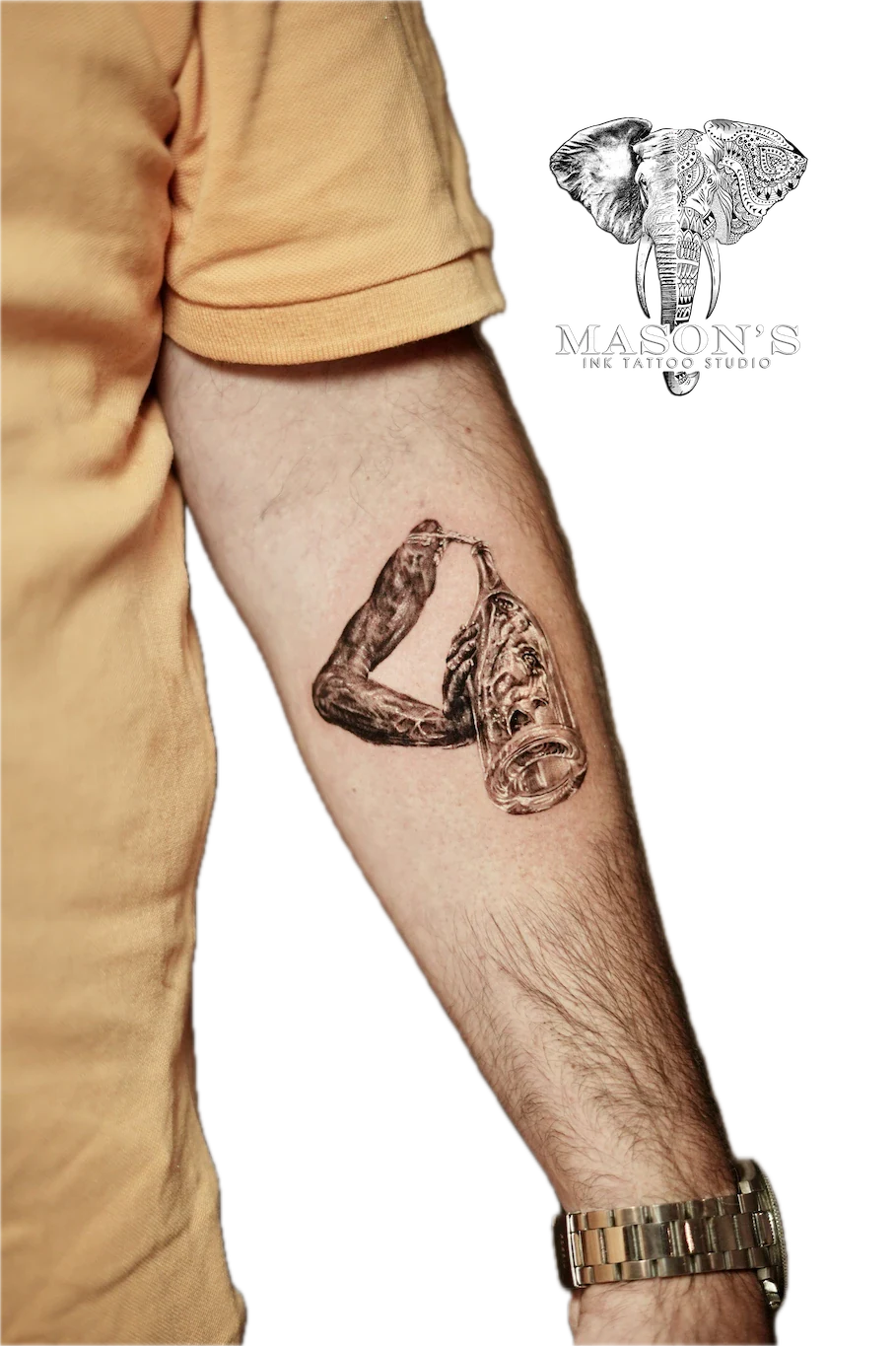 Realism Statue Hand Drink Tattoo Design - Realism tattoo by Mason's Ink Tattoo Studio, Bali