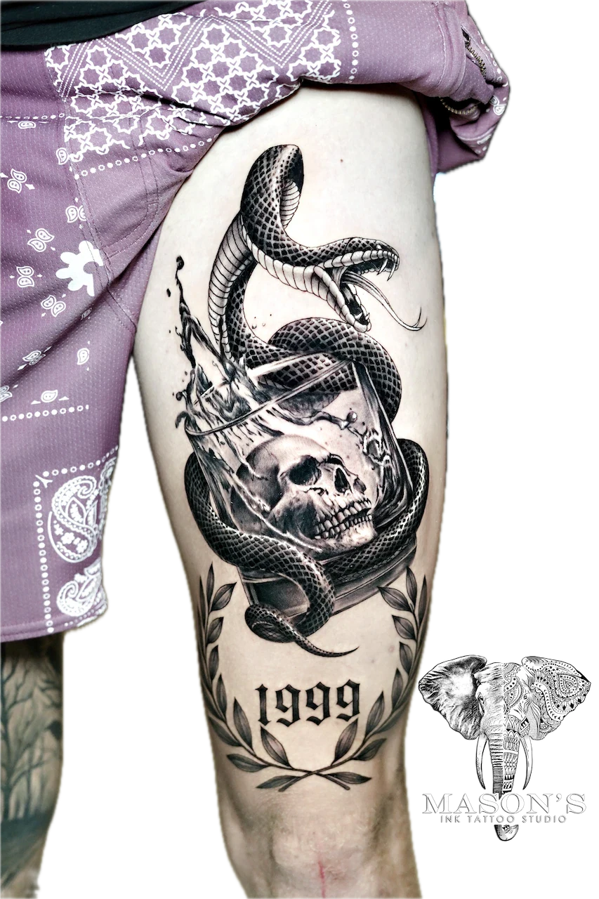 Realism Style Glass Tattoo Design - Realism tattoo by Mason's Ink Tattoo Studio, Bali