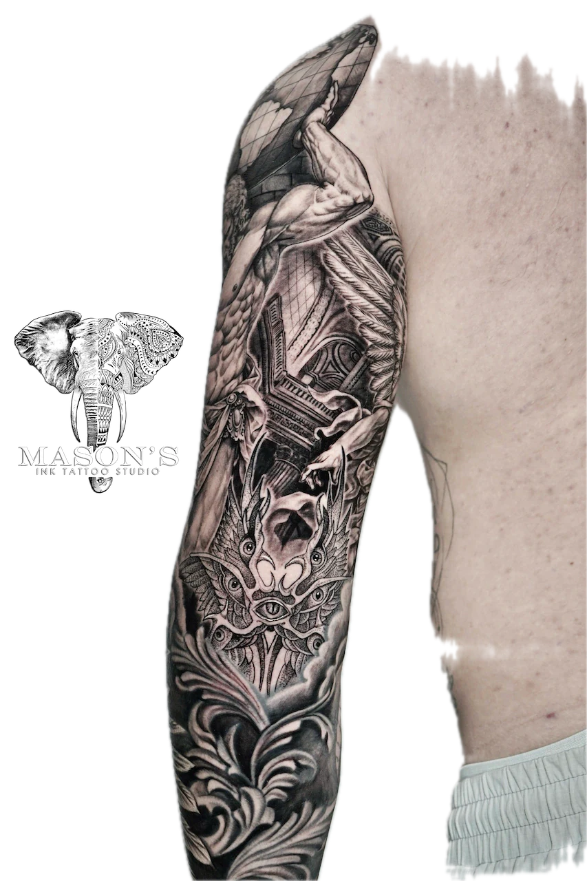 Realism Tattoo Design: a detailed full sleeve tattoo featuring an eye and intricate patterns