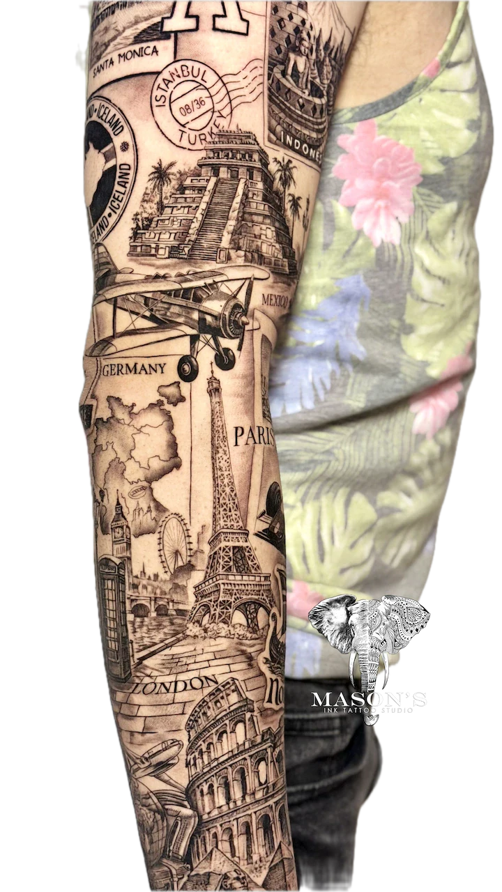 Realism Travel Theme Tattoo Design - Realism tattoo by Mason's Ink Tattoo Studio, Bali