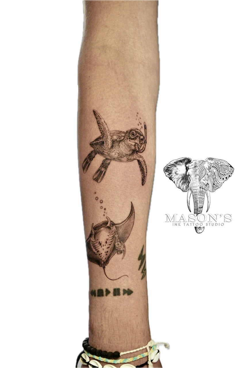 Realism Turtle and Manta Ray Tattoo Design - Realism tattoo by Mason's Ink Tattoo Studio, Bali