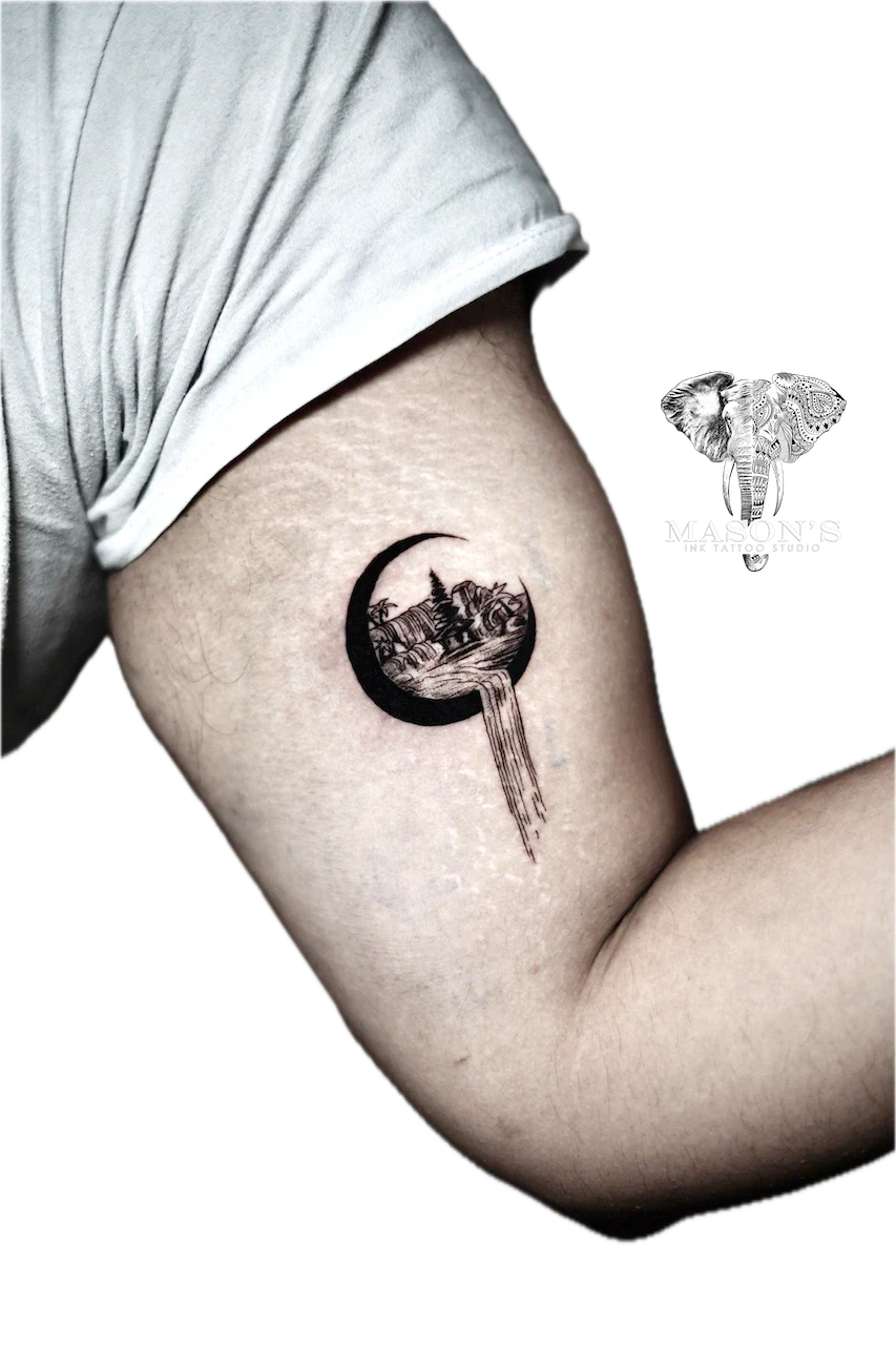 Realism Waterfall and Moon Tattoo Design by Mason's Ink Tattoo Studio, Bali