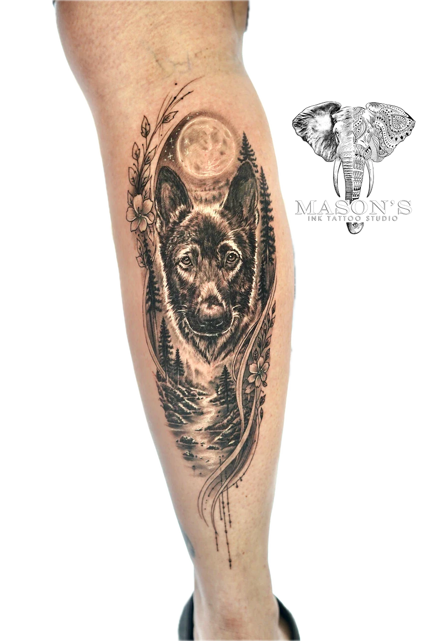 Realism Wolf Landscape Tattoo Design - Realism tattoo by Mason's Ink Tattoo Studio, Bali