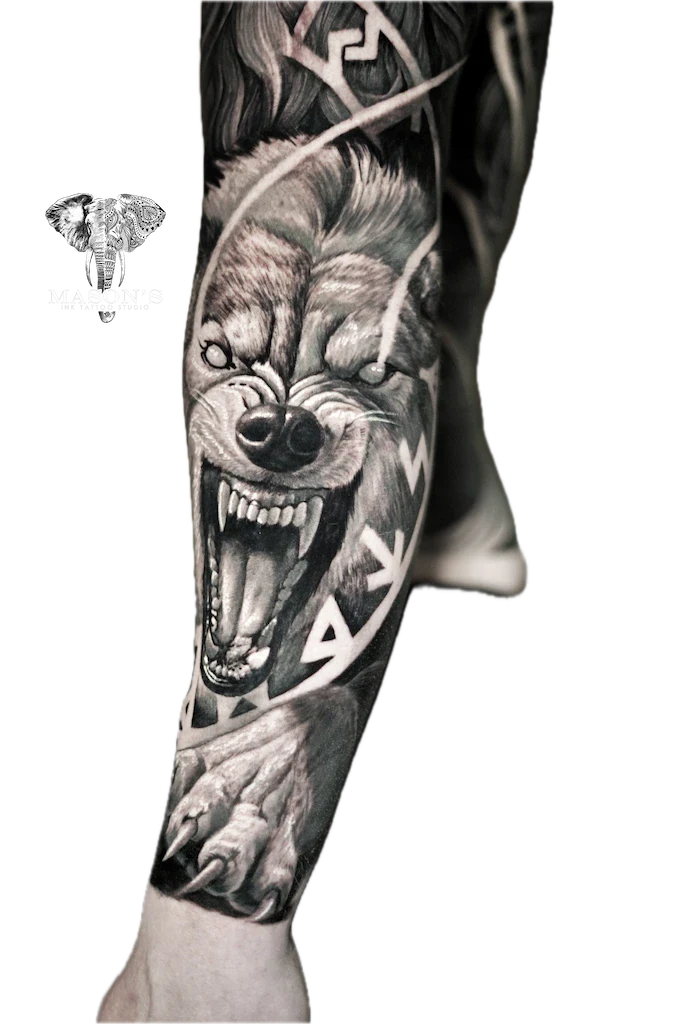 Realism Wolf Tattoo Design: a roaring wolf head tattoo on a forearm with geometric patterns