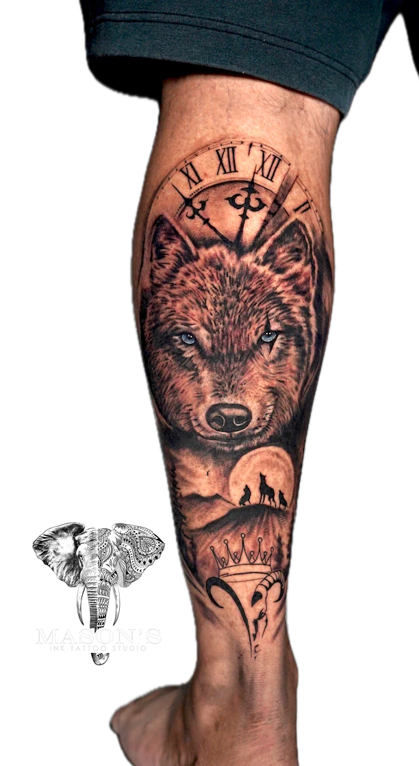 Realism Wolf and Clock Tattoo Design by Mason's Ink Tattoo Studio, Bali