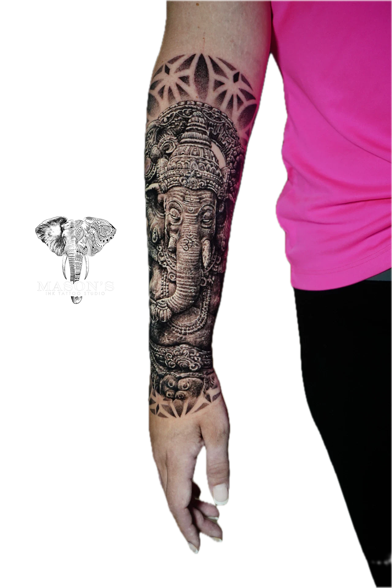 Realism Tattoo Design: a detailed elephant head and geometric pattern sleeve tattoo