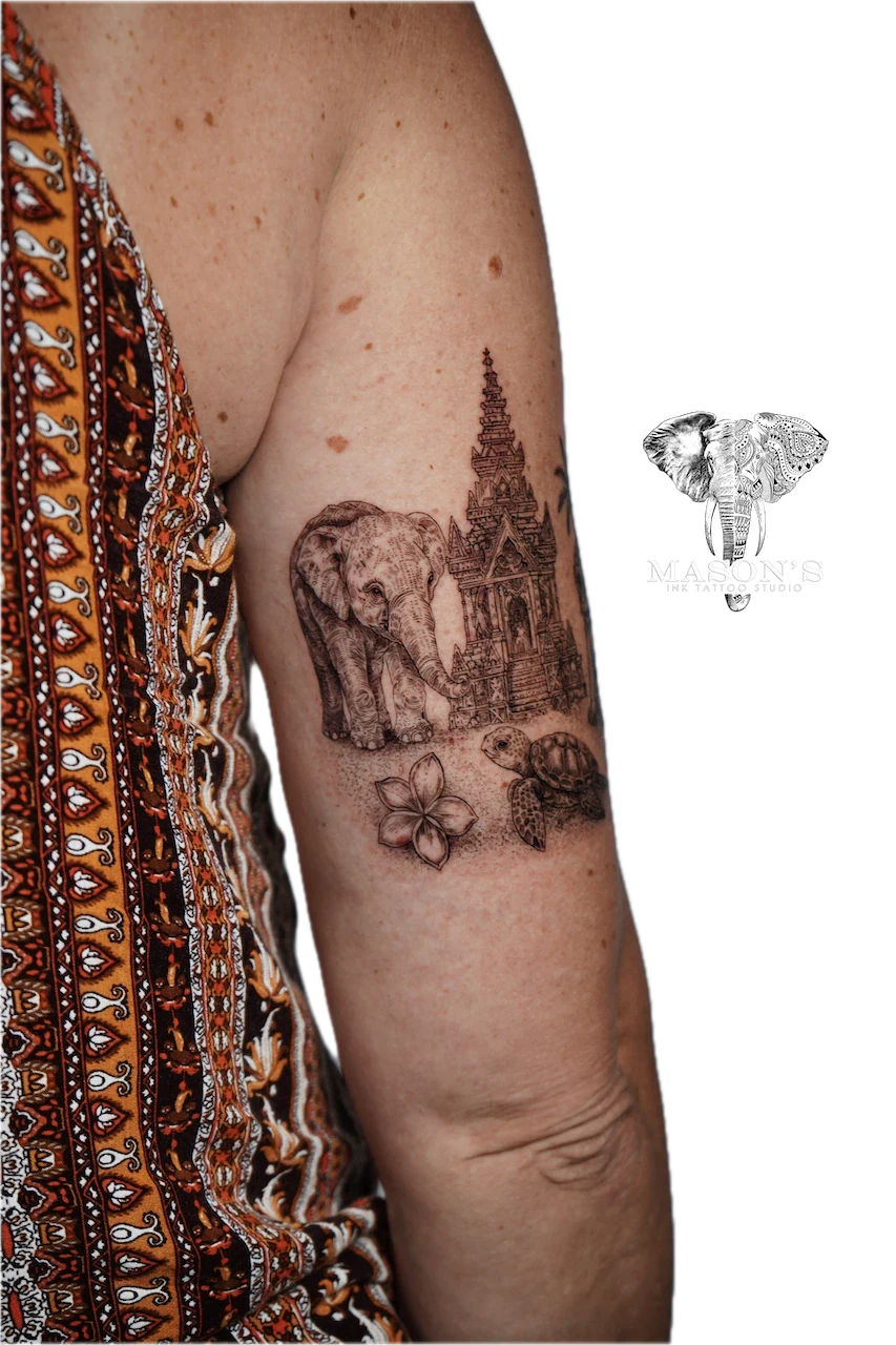 Sacred Temple & Animal Realism Tattoo - Realism tattoo by Mason's Ink Tattoo Studio, Bali