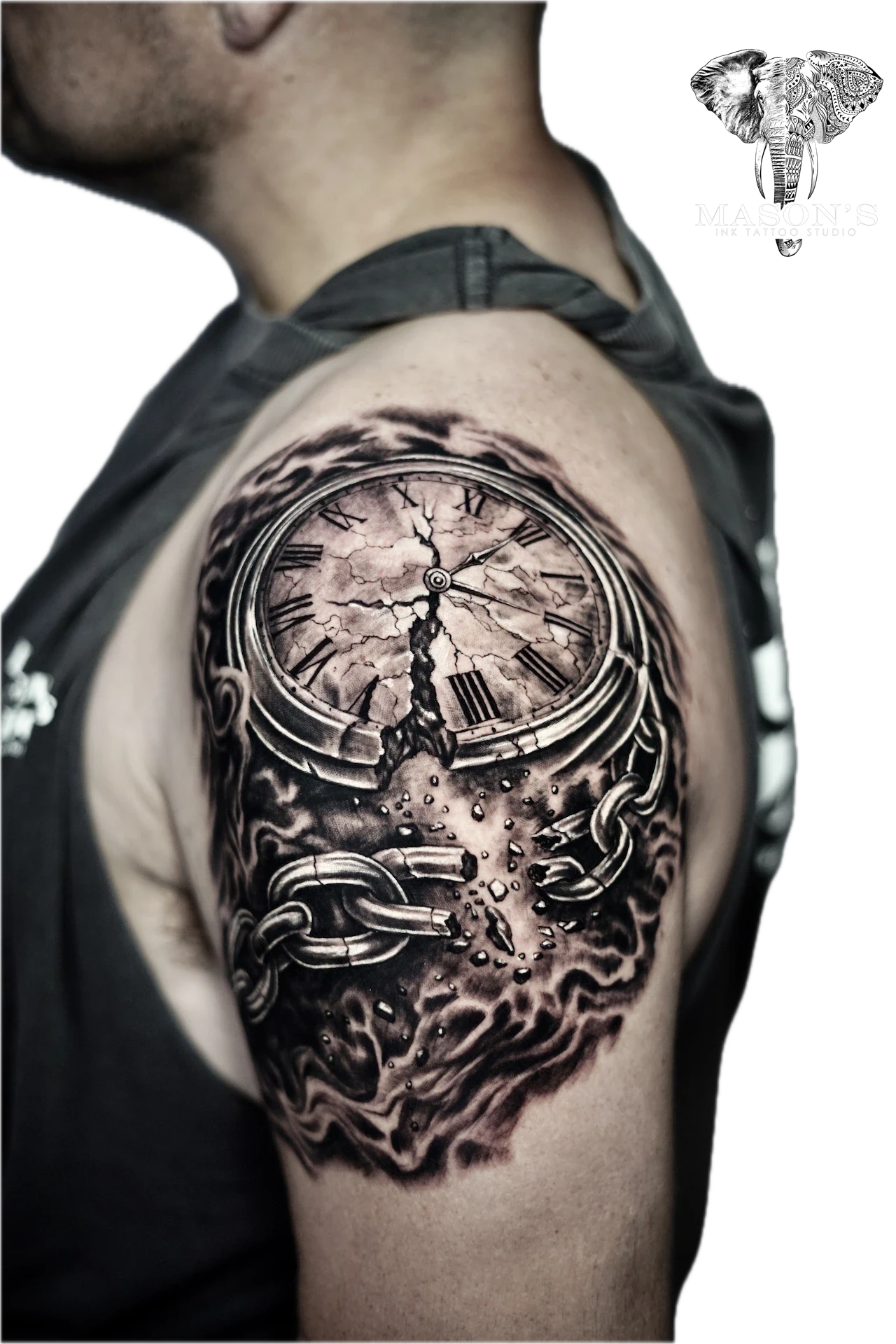 Realism Broken Clock and Cache tattoo by Mason's Ink Tattoo Studio, Bali