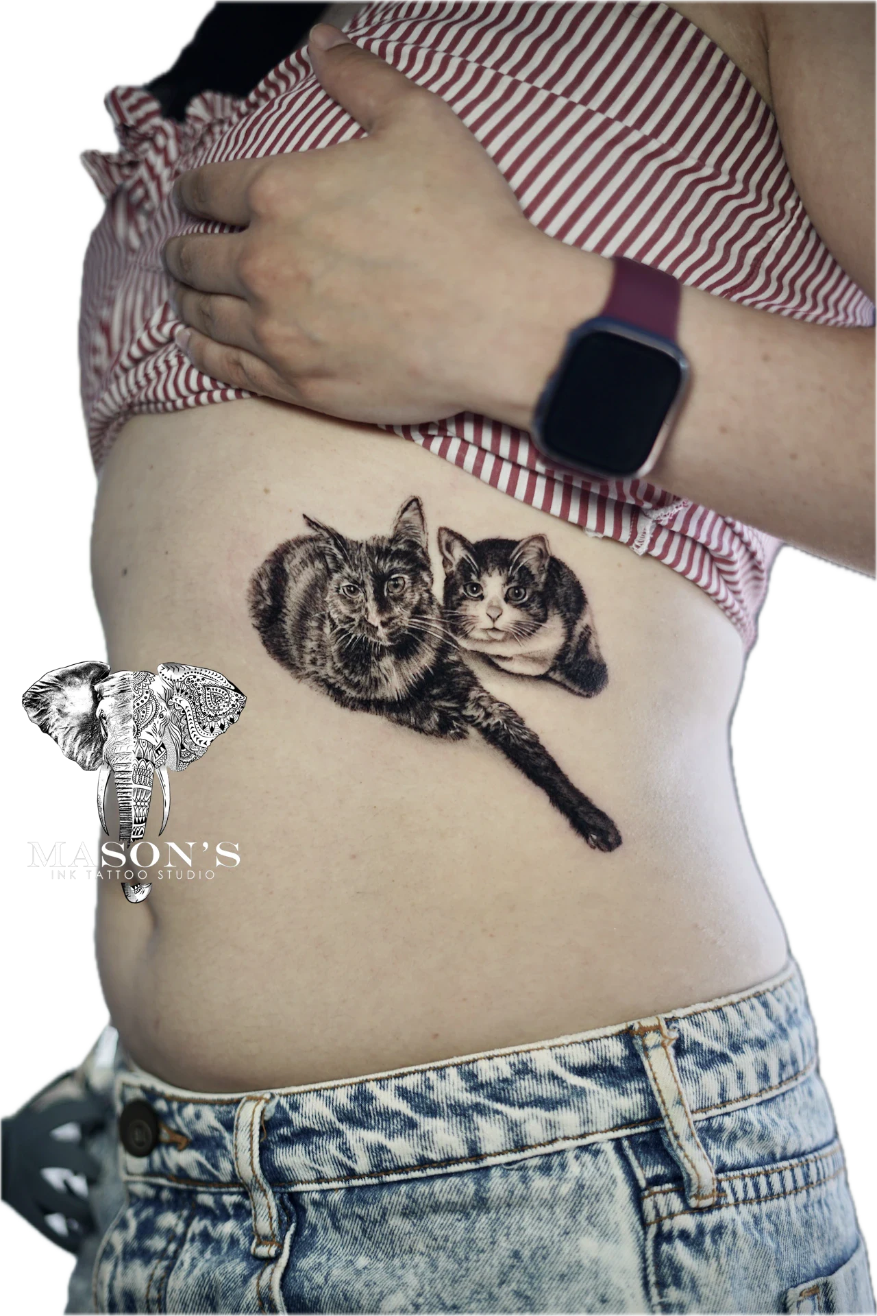 Realism Two Cats Pet Memoriam tattoo by Mason's Ink Tattoo Studio, Bali