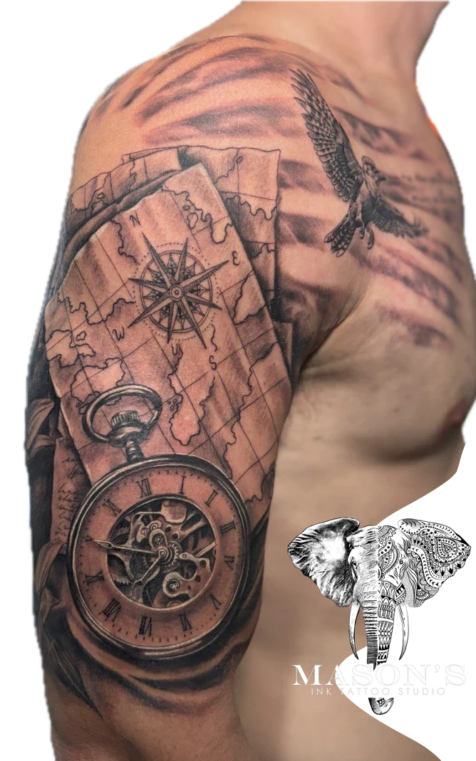 Black And Grey Map, compass and Bird Navigation tattoo by Mason's Ink Tattoo Studio, Bali