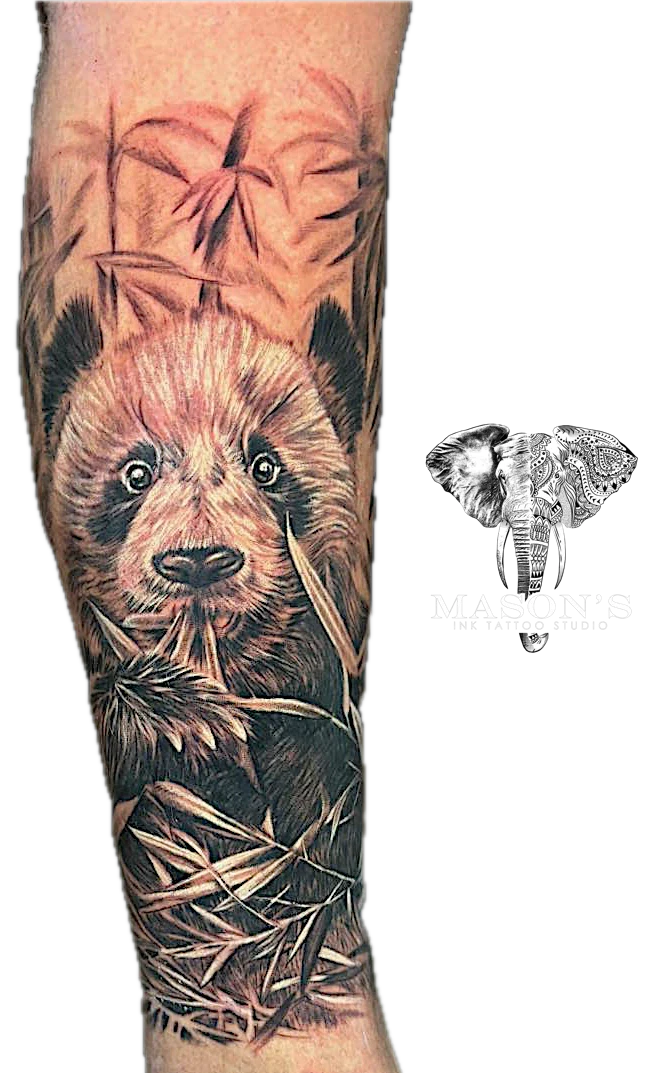 Black and Grey Realism Panda Japanese tattoo by Mason's Ink Tattoo Studio, Bali
