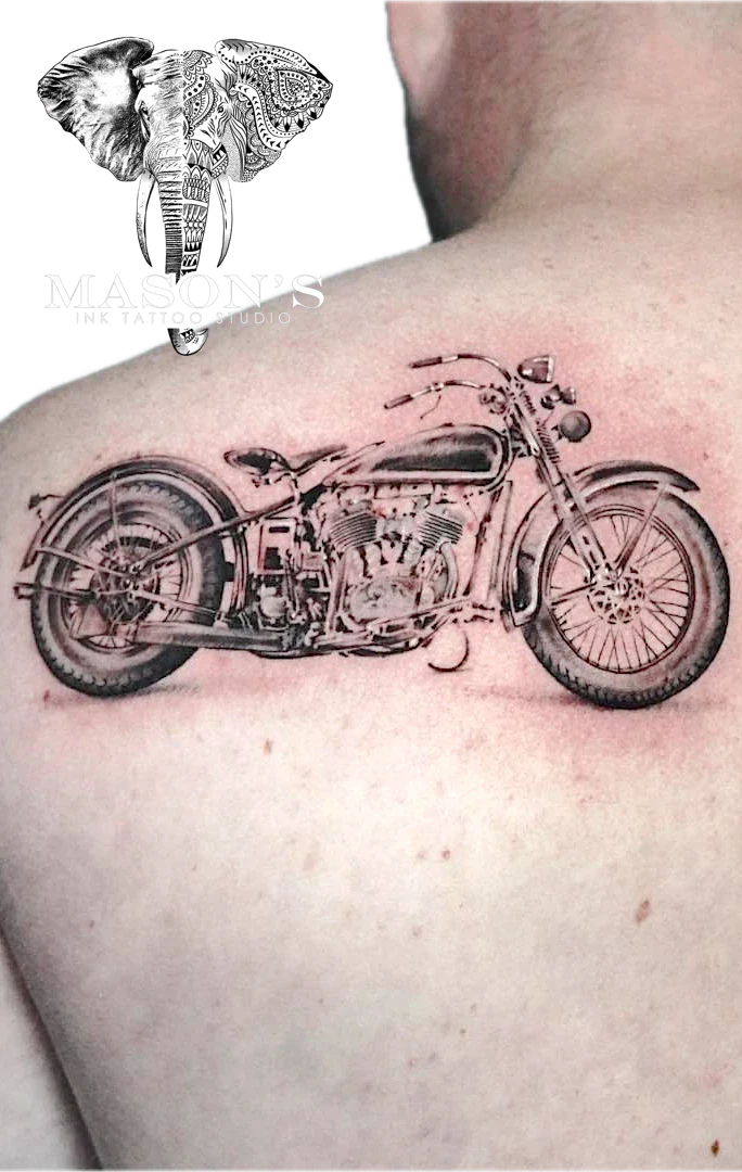 Harley Davidson Realism tattoo by Mason's Ink Tattoo Studio, Bali