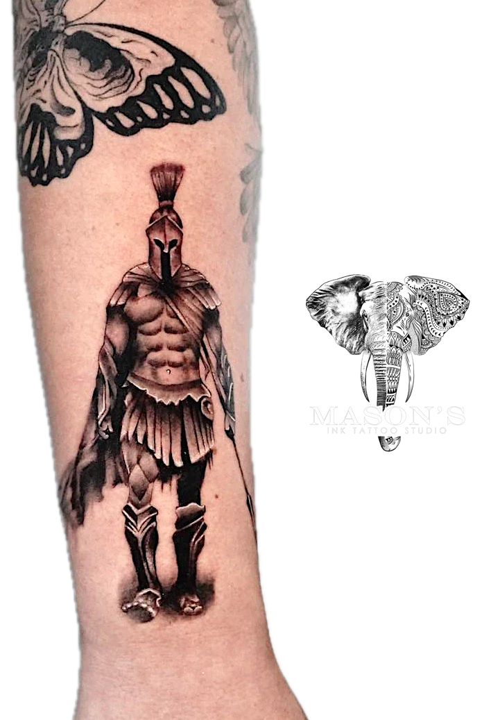 Mythology Realistic Spartan tattoo by Mason's Ink Tattoo Studio, Bali