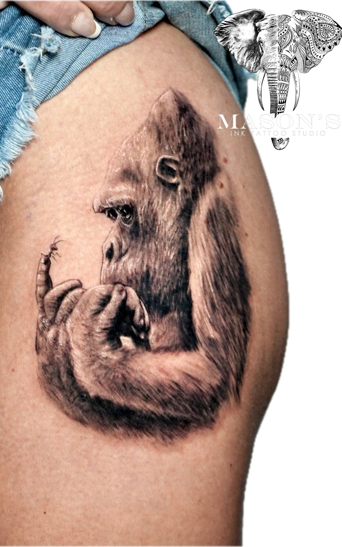 Realism King Kong tattoo by Mason's Ink Tattoo Studio, Bali