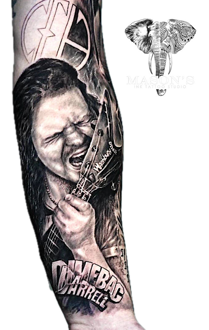 Realism Portrait Dimebag Darrell Tattoo by Mason's Ink Tattoo Studio, Bali