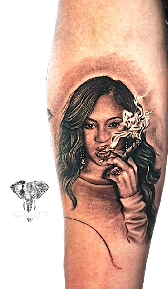 Realism Portrait woman smoke tattoo by Mason's Ink Tattoo Studio, Bali