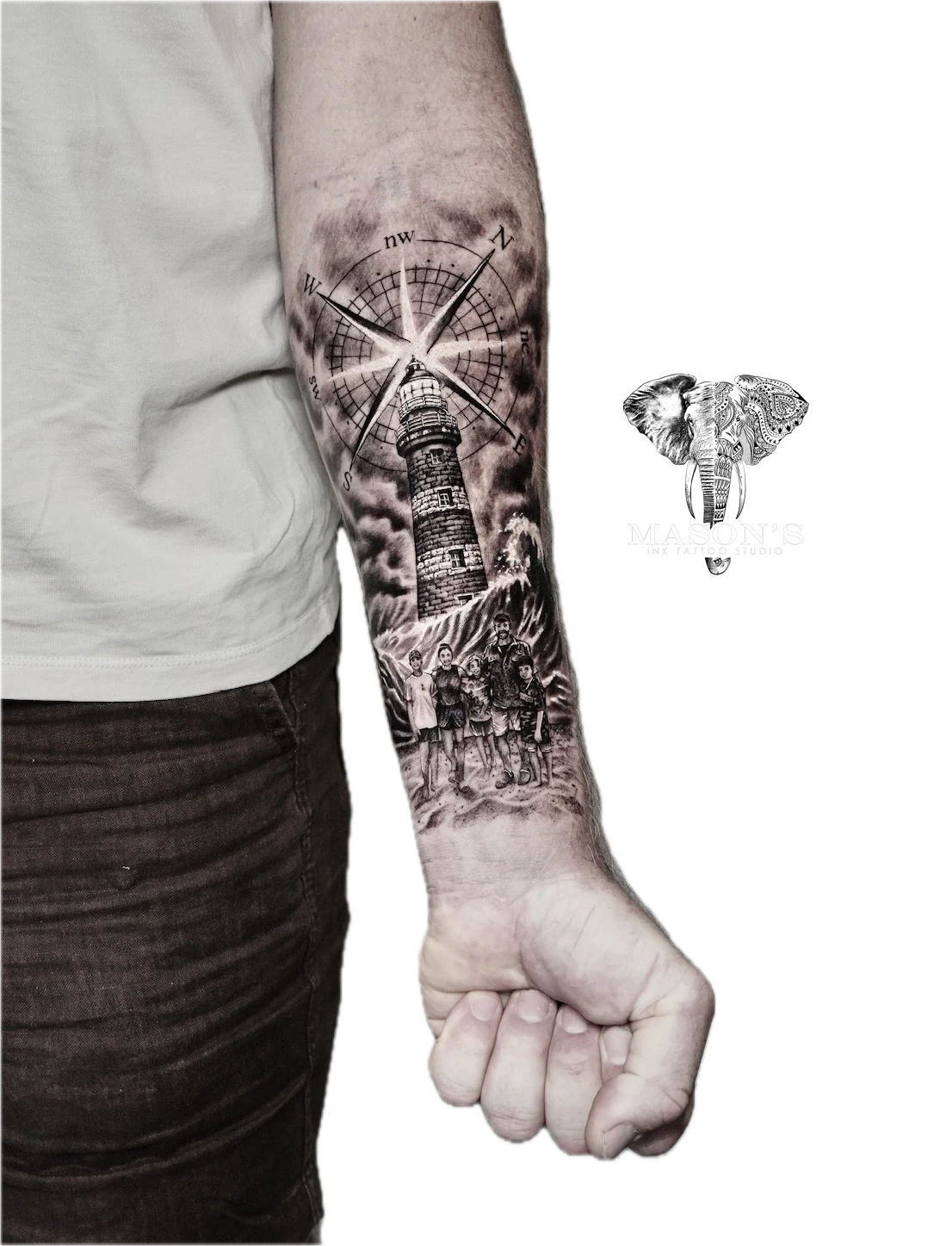 Realism Lighthouse Tattoo Design: a detailed compass and tower tattoo with people and a boat