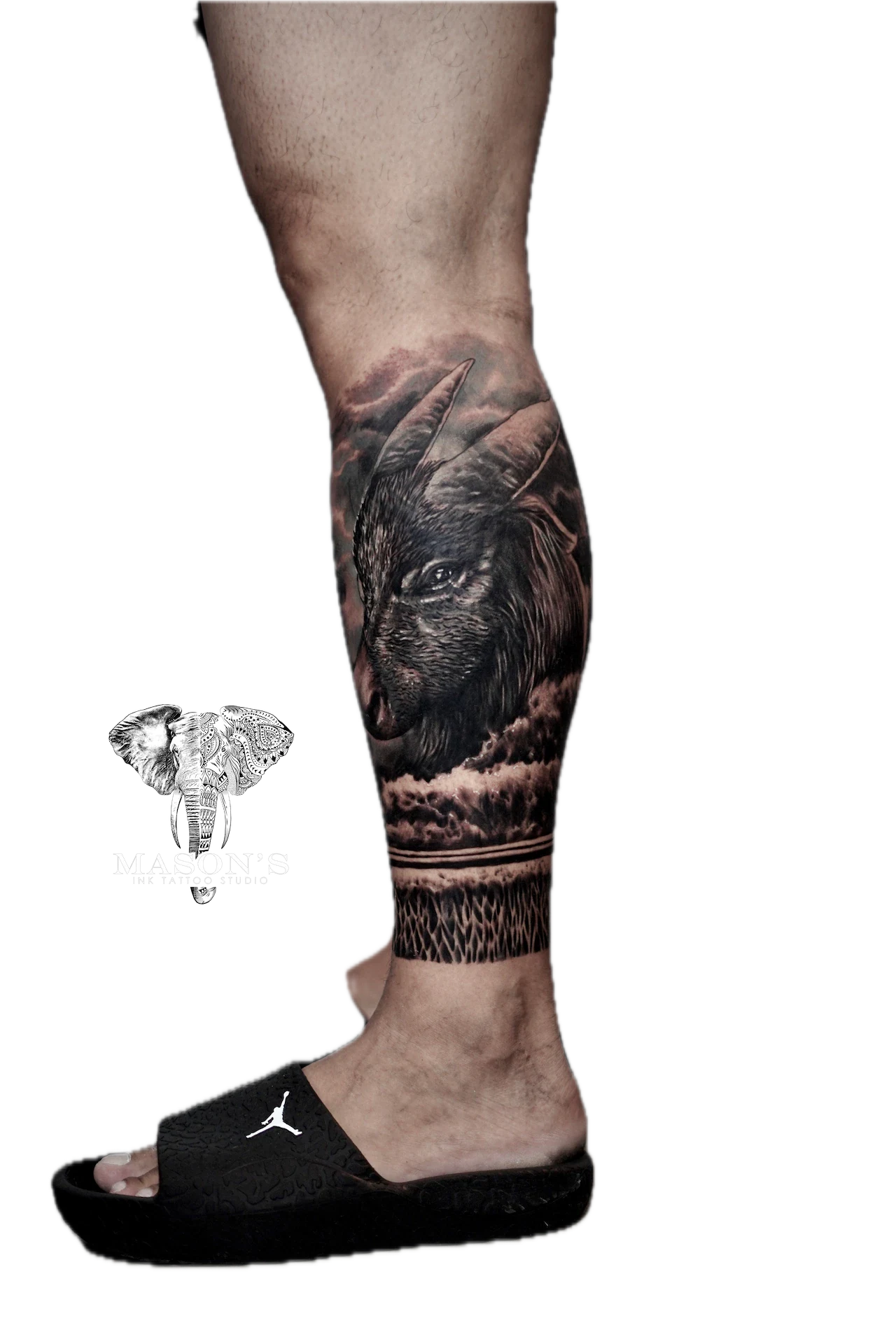 Realism Buffalo Tattoo Design: a detailed ram head tattoo on a calf with clouds and grass