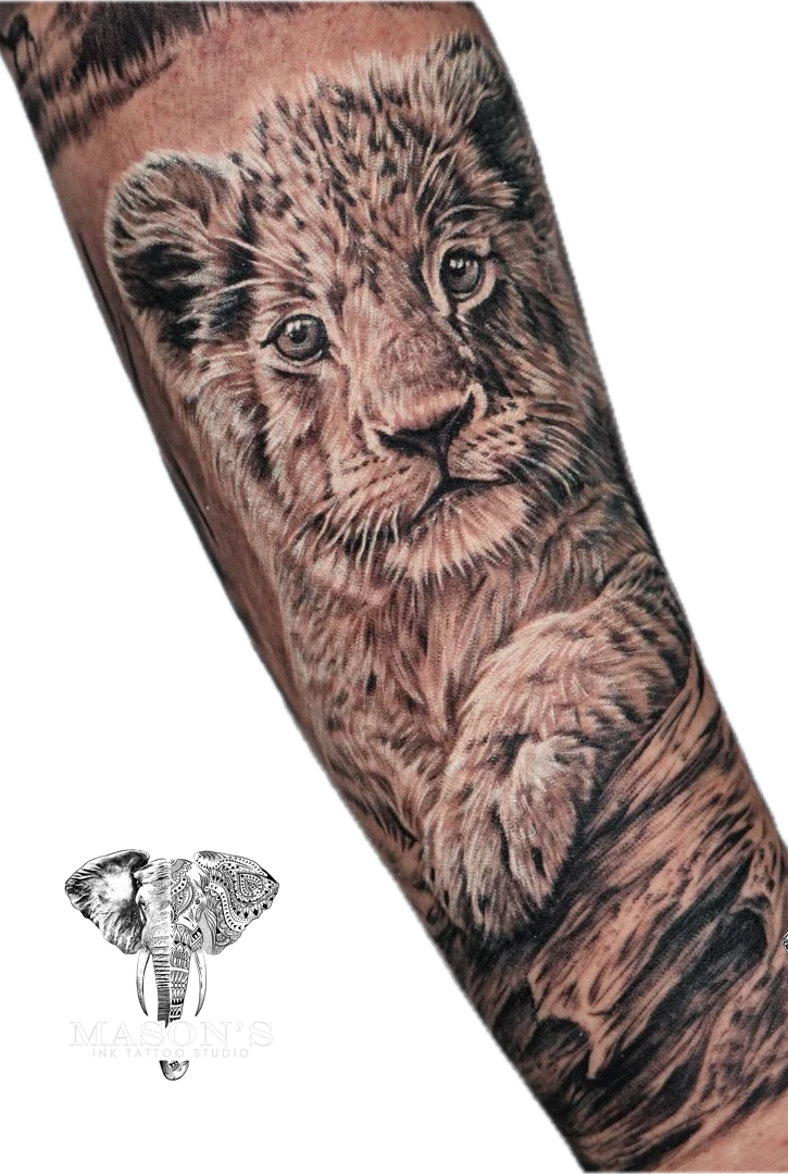 Simba Lion Realism tattoo by Mason's Ink Tattoo Studio, Bali