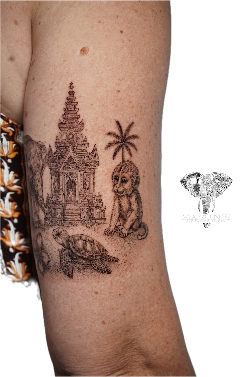 Temple Realism Tattoo Design - Realism tattoo by Mason's Ink Tattoo Studio, Bali