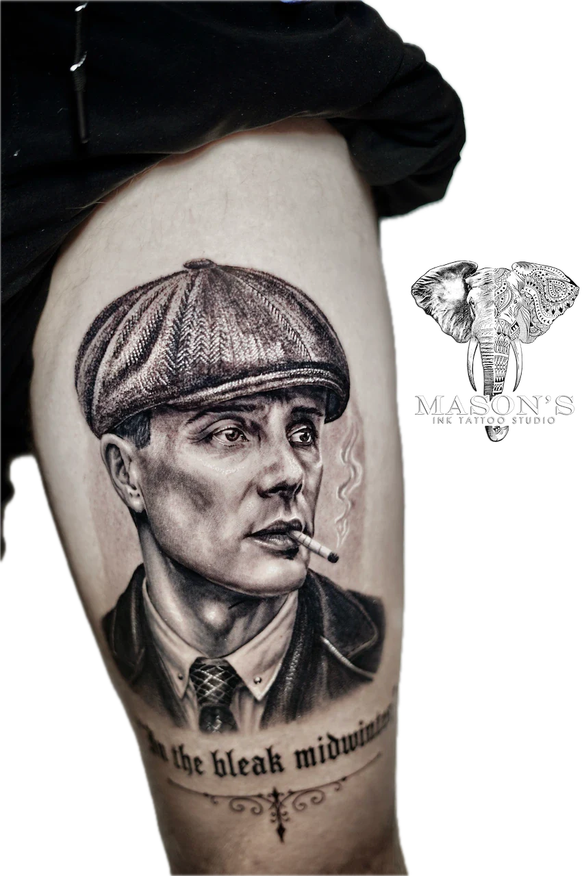 Thomas Shelby Portrait Realism Tattoo Design - Realism tattoo by Mason's Ink Tattoo Studio, Bali