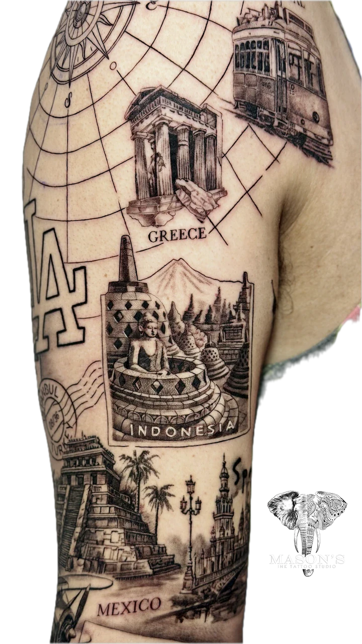 Travel Adventure Realism Tattoo Style - Realism tattoo by Mason's Ink Tattoo Studio, Bali