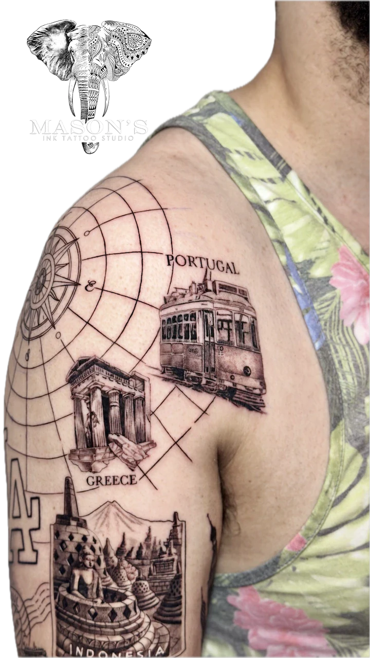 Travel Concept Realism Tattoo Style - Realism tattoo by Mason's Ink Tattoo Studio, Bali