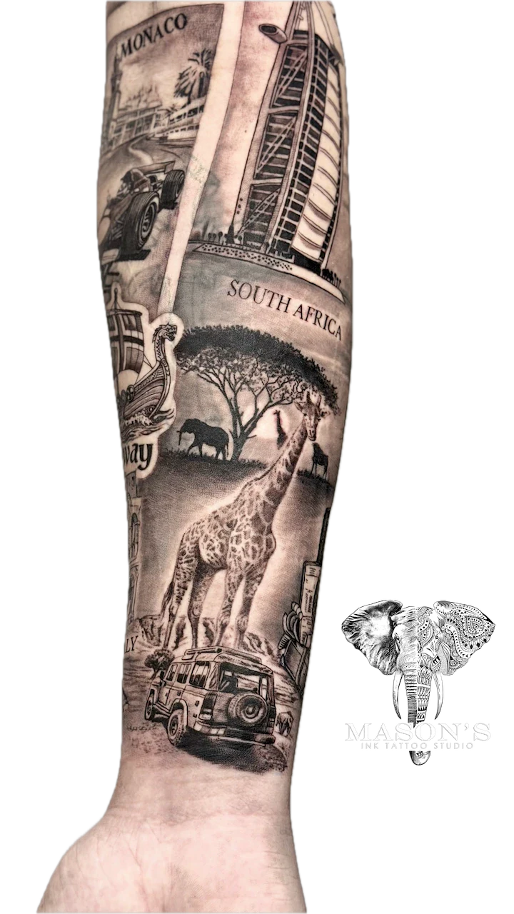 Travel Inspired Realism Tattoo Design - Realism tattoo by Mason's Ink Tattoo Studio, Bali