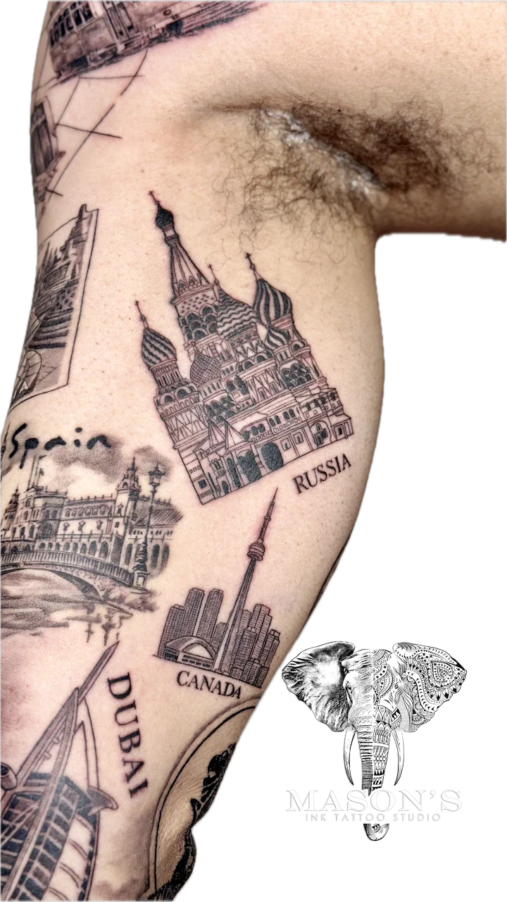 World Travel Realism Tattoo - Realism tattoo by Mason's Ink Tattoo Studio, Bali