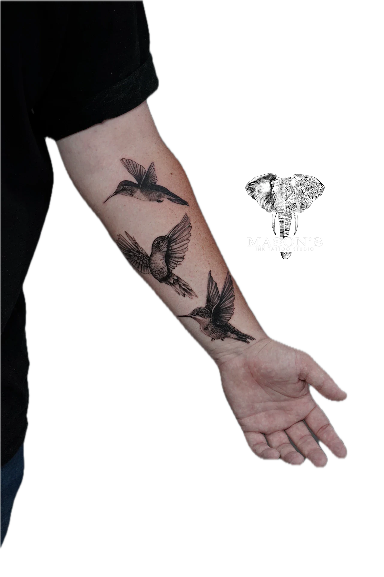 Realism Birds Tattoo Design: Three hummingbirds in flight on a forearm