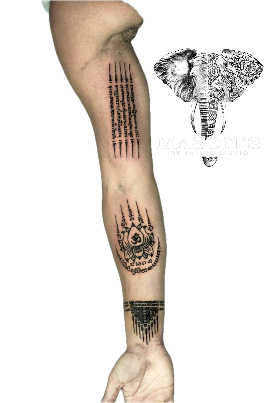 Sak Yant Tattoo Design: Spiritual forearm tattoo with mandala, om symbol, and lettering