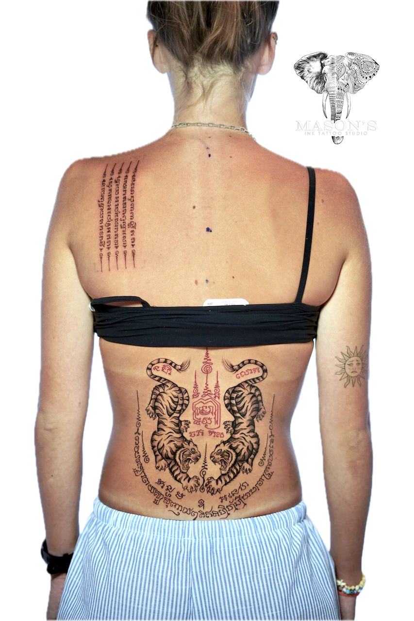 Sak Yant Tiger Script Tattoo Design by Mason's Ink Tattoo Studio, Bali