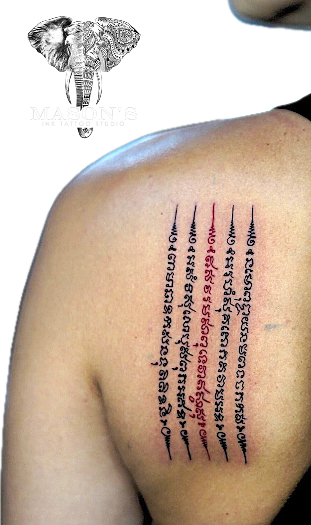Sak Yant Color Script tattoo by Mason's Ink Tattoo Studio, Bali