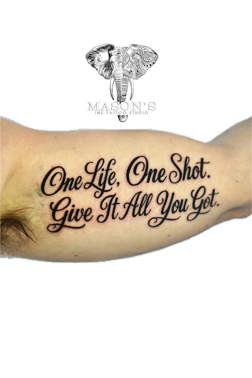 Bicep Script Lettering Tattoo Design - Script tattoo by Mason's Ink Tattoo Studio, Bali