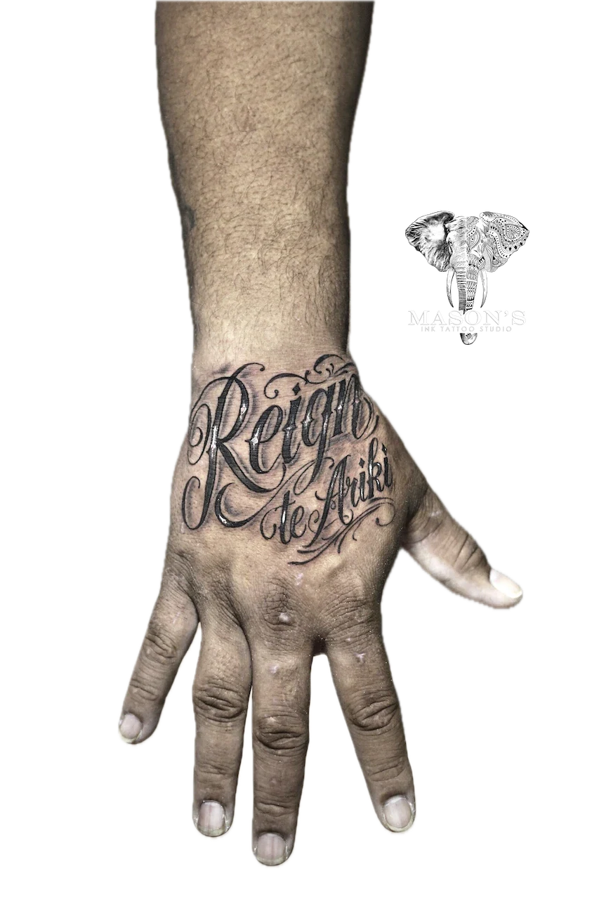 Custom Script Tattoo on Hand - Script tattoo by Mason's Ink Tattoo Studio, Bali