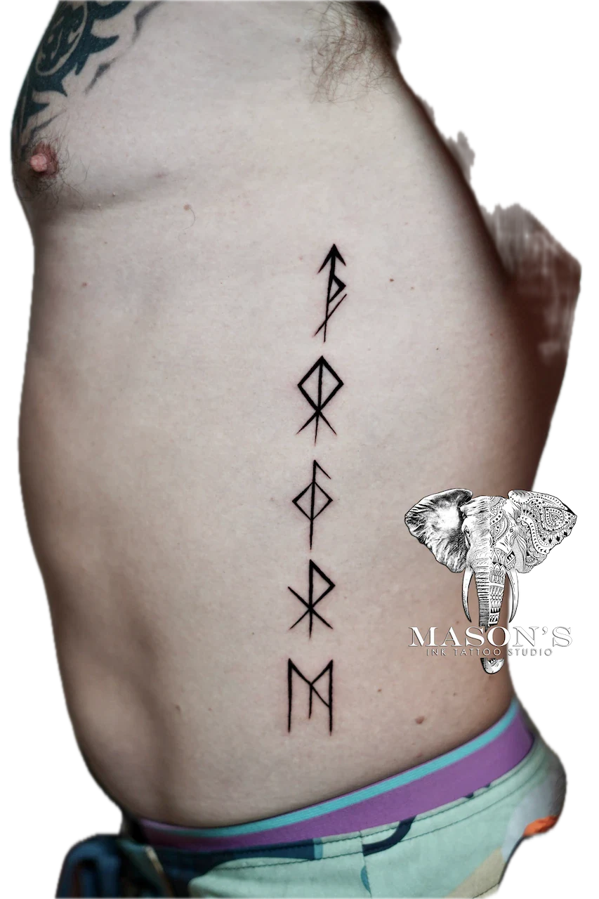 Script Lettering Tattoo Design: Minimal geometric symbols aligned vertically on the spine