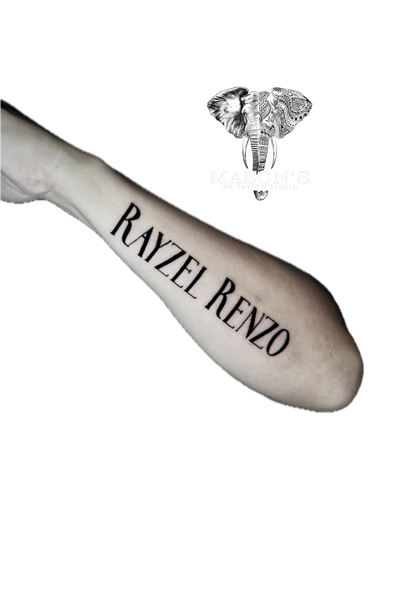 Script RAYZEL RENZO Tattoo by Mason's Ink Tattoo Studio, Bali