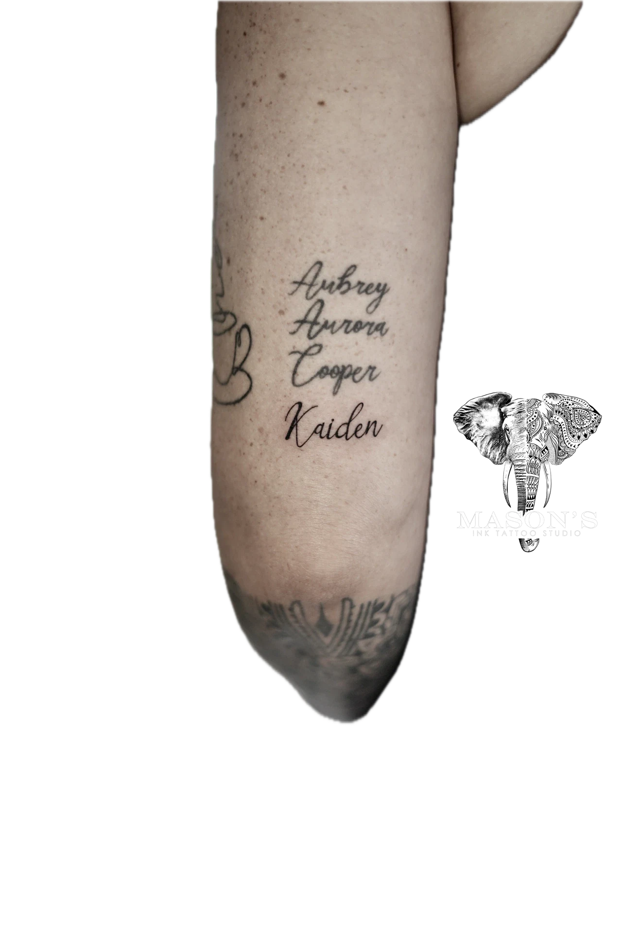 Kaiden Script Tattoo Design: Names and heart tattoo on the forearm