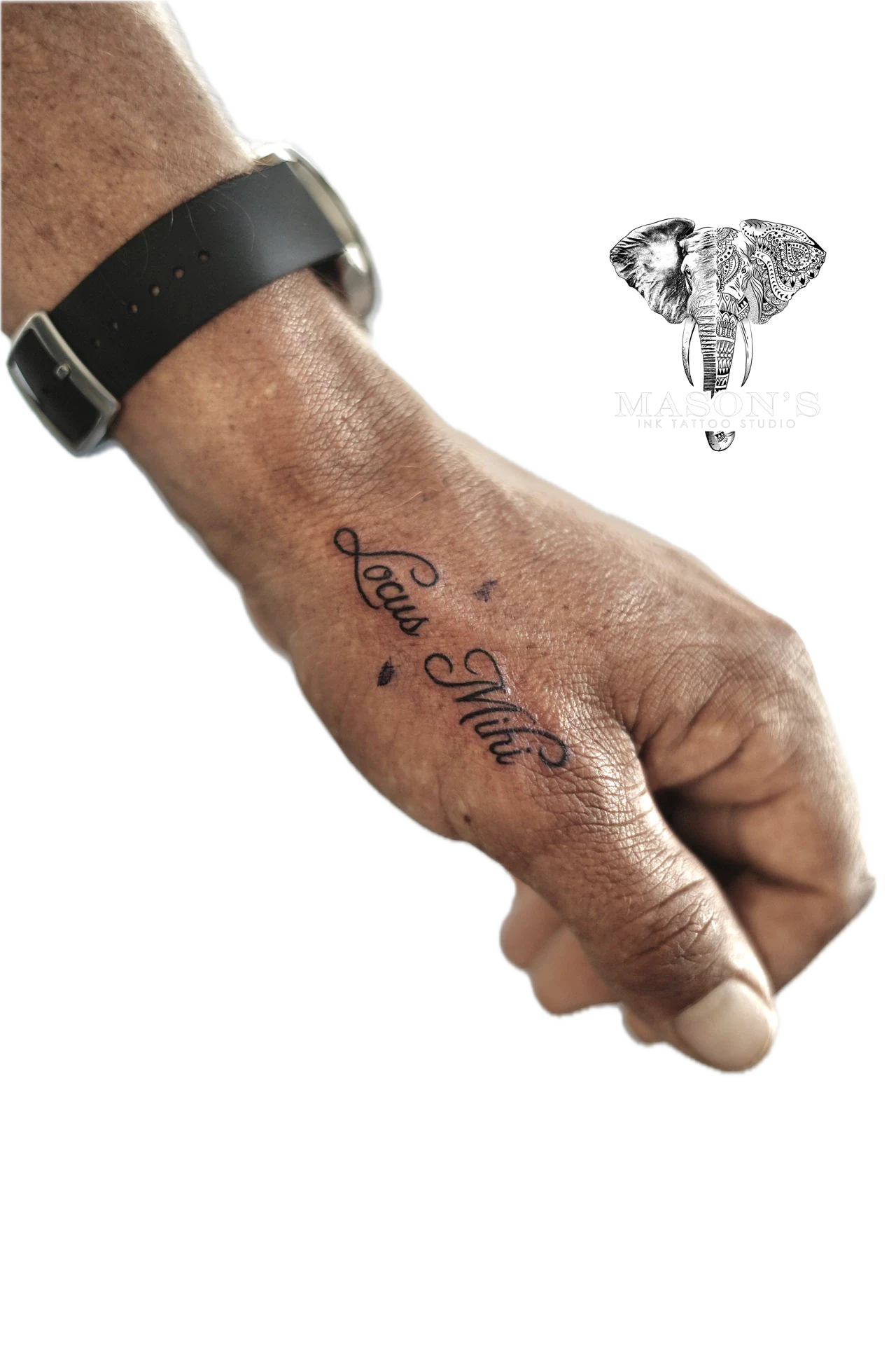 Script Locus Mihi Tattoo Design: Small black and grey lettering tattoo on the wrist
