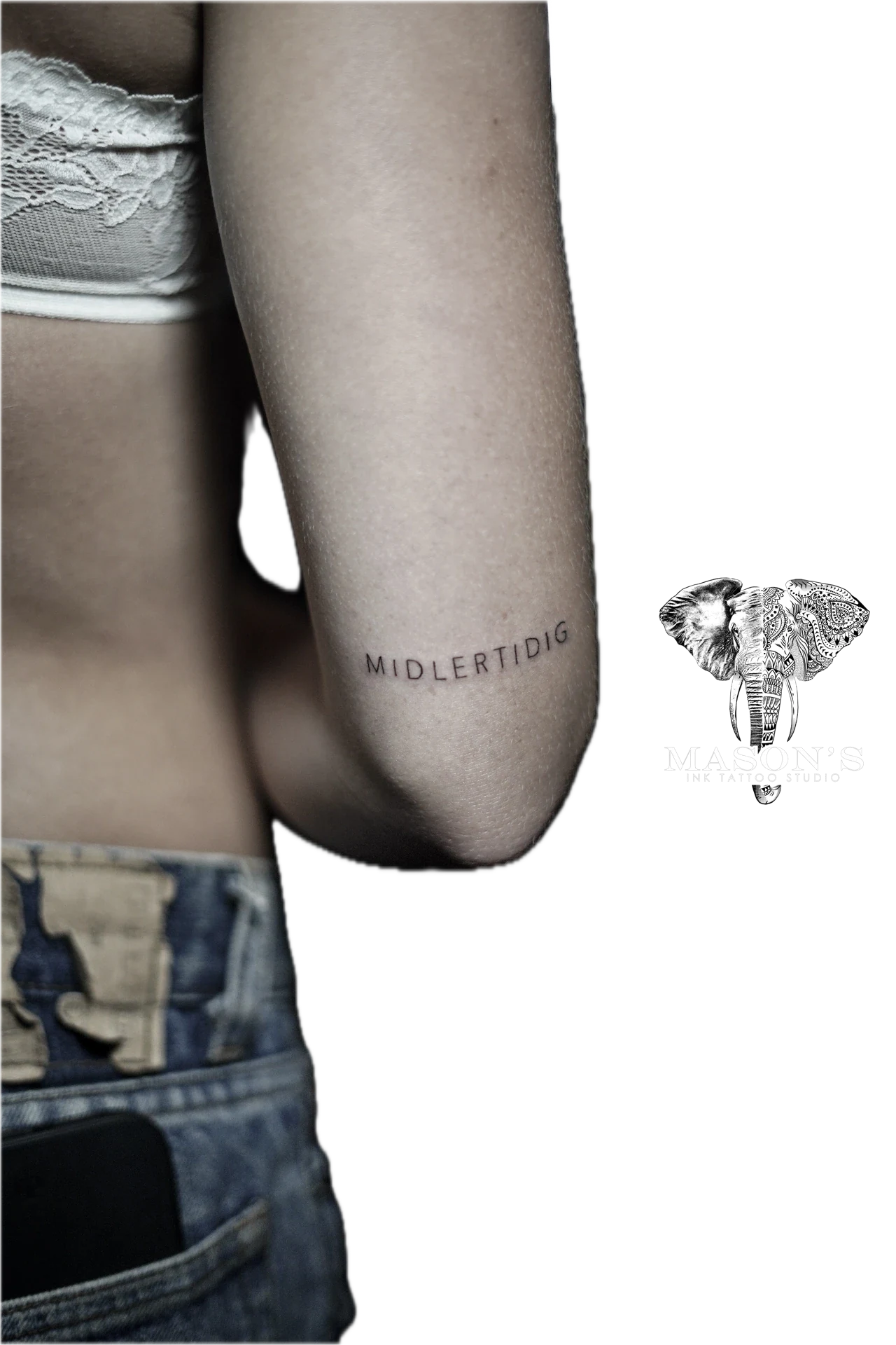 Script MIDLERTIDIG tattoo by Mason's Ink Tattoo Studio, Bali