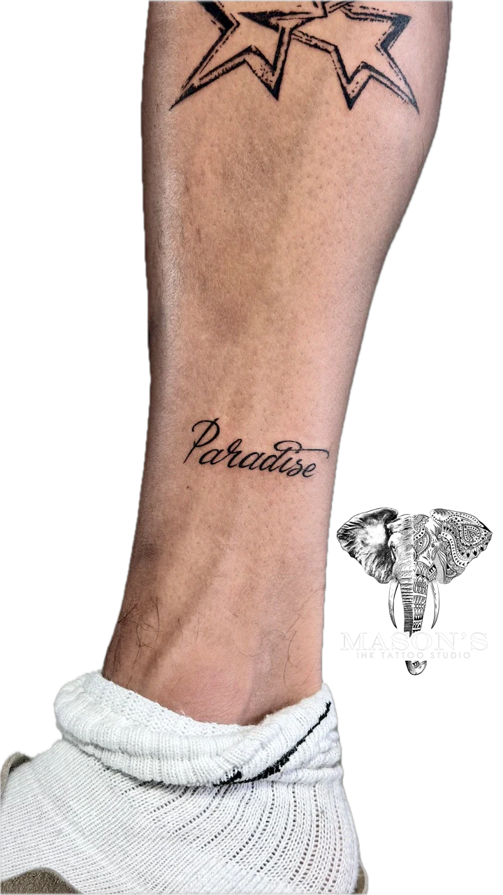Script Paradise tattoo by Mason's Ink Tattoo Studio, Bali